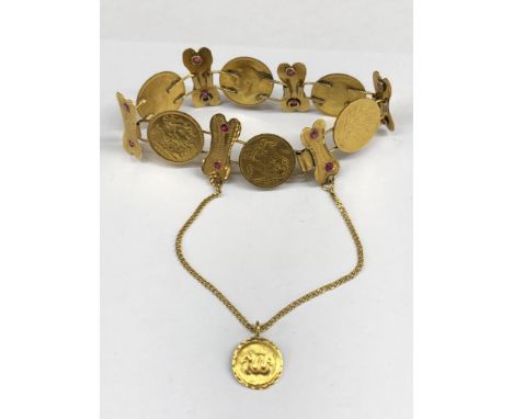 SIX HALF SOVEREIGN, BONE AND RUBY LINK BRACELET, 38.8G OVERALL APPROX