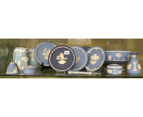 SHELF OF WEDGWOOD POWDER AND ROYAL BLUE JASPERWARE INCLUDING BOWL TAPERED VASE, SMALL PLATES, ETC