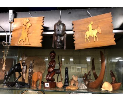 SHELF OF WOODEN CARVED AFRICAN TRIBAL FERTILITY AND ANIMAL FIGURES AND ROCK SAMPLES