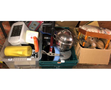 TWO BOXES CONTAINING SAUCEPANS, KITCHEN SCALES A ND OTHER KITCHEN RELATED ITEMS