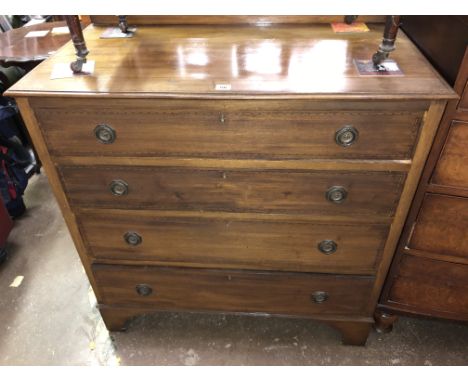 EDWARDIAN MAHOGANY AND CHEQUER STRUNG FOUR DRAWER CHEST ON BRACKET FEET