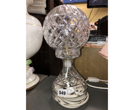 CUT GLASS TABLE LAMP WITH ETCHED GLOBULAR SHADE