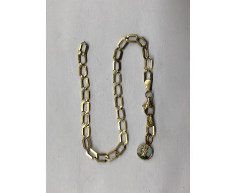 9CT GOLD FLAT CURB LINK BRACELET WITH 9CT GOLD ENAMEL ST CHRISTOPHER CHARM, CLASP A/F 4G APPROX