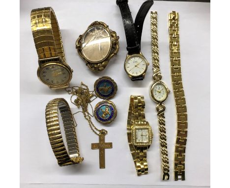 SELECTION OF LADIES AND GENTS GOLD PLATED WRIST WATCHES, PINCH BACK BROOCH, TWO ENAMEL PONY CLUB BADGES AND A ROLLED GOLD CRO