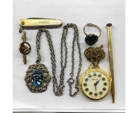 PROPELLING PENCIL, LUCERNE BASE METAL POCKET WATCH ON TRACE CHAIN, SILVER CABOCHON RING, MINIATURE PEN KNIFE AND PENDANT AND 