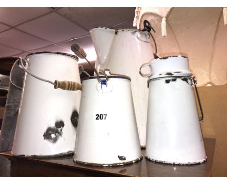 VINTAGE ENAMEL WATER AND MILK PAILS, JUGS AND COAL HOD