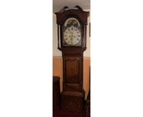 EARLY 19TH CENTURY 8 DAY LONG CASE CLOCK WITH A PAINTED ENAMEL DIAL WITH MOON ROLLER PHASE IN AN OAK AND MAHOGANY CROSSBANDED