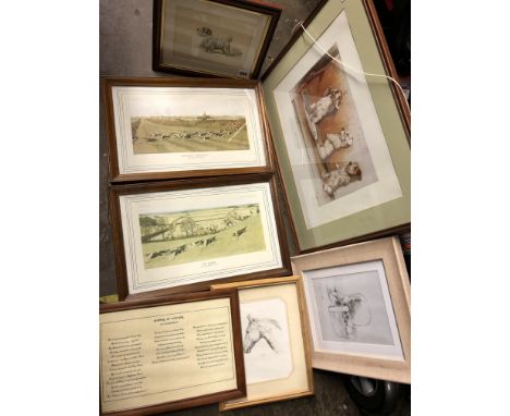 PAIR OF LITHOGRAPHIC PRINTS 'THE QUORN' AND A PYTCHLEY WEDNESDAY' AFTER CECIL ALDIN, PICTURE SKETCH OF MR BAZ HORSES HEAD PRO