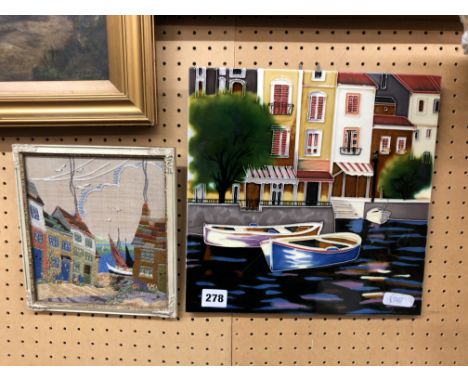 NEEDLEPOINT PICTURE PANEL OF A HARBOUR 30 X 30CM APPROX AND A CERAMIC TILE OF VENICE 17 X 19CM APPROX