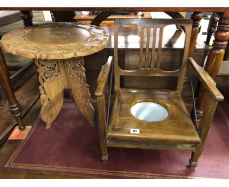 EASTERN CARVED HARDWOOD TABLE, NEST OF THREE TABLES AND AN ANGLO INDIAN CHILD'S COMMODE CHAIR