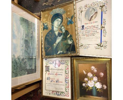 SMALL OIL ON CANVAS STILL LIFE, RELIGIOUS PRINT AND TWO PAPAL BLESSINGS