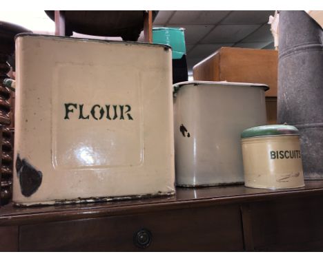 BRASS PRESERVE PAN, COOKING POT AND ENAMEL FLOUR AND BISCUIT TINS