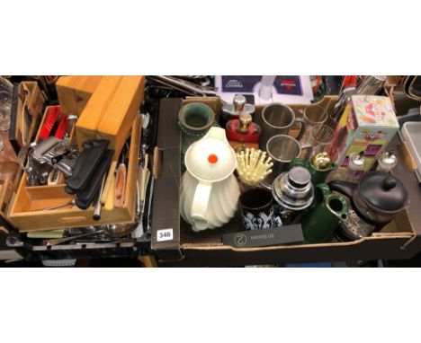 TRAY OF VARIOUS CUTLERIES, KNIFE BLOCK AND CARTON CONTAINING CAFETIERE, COCKTAIL SHAKERS, HIP FLASK AND TANKARDS