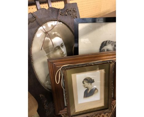 TINTED PHOTOGRAPH PORTRAIT OF A YOUNG GIRL IN OVAL GILDED FRAME, A WOODEN FRAMED PORTRAIT OF A MILITARY FIGURE AND THREE OTHE