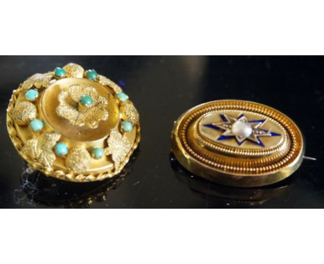 A Victorian yellow metal, blue enamel and pearl mourning brooch, together with a Victorian yellow metal and turquoise foliate