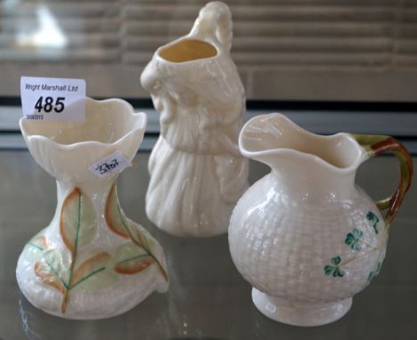 A collection of modern Belleek items to include a jug modelled as a fair maiden, a shamrock pattern basket weave cream jug an