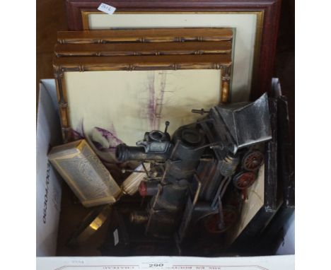 A mixed lot of assorted train related items to include a modern train, hip flask, set of vintage playing cards, prints etc