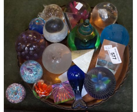 A large collection of paperweights to include a Caithness 'Companions'  and a cuboid example with the Eiffel Tower. 