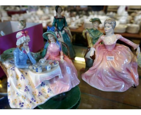 A mixed group of ceramic items to include a Coalport lady of fashion 'Polly', a Royal Doulton figure group 'Afternoon Tea',  