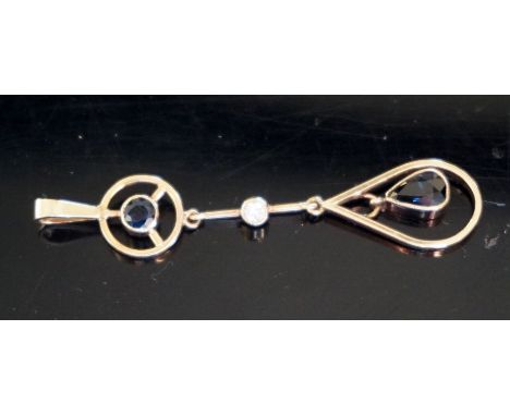 A 9ct yellow gold sapphire and diamond drop pendant.