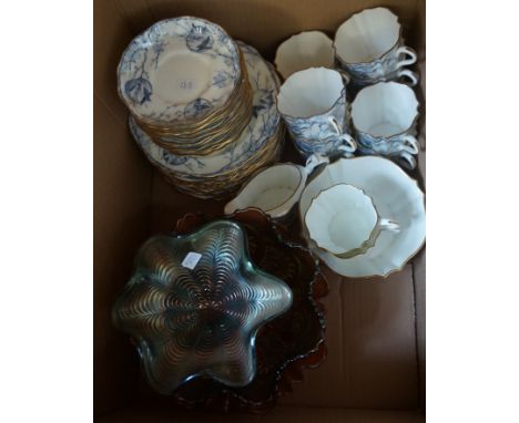 A Wedgwood aesthetic movement tea service together with three carnival glass bowls.