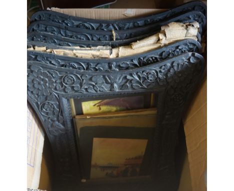 A mixed lot of assorted items to include six assorted carved oak Jacobean style picture frames, vintage picnic blanket.