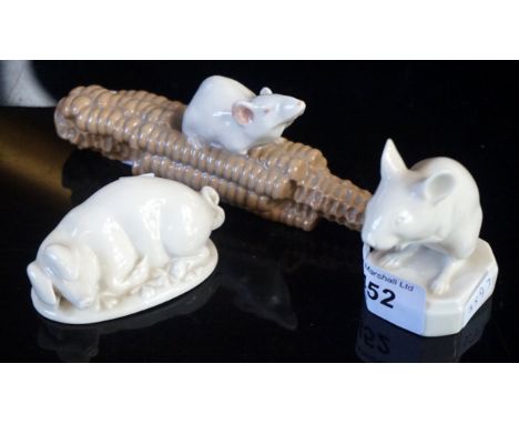 A collection of three Copenhagen ceramic figures comprising a mouse on a cob of corn, a pig sleeping and a mouse (3)