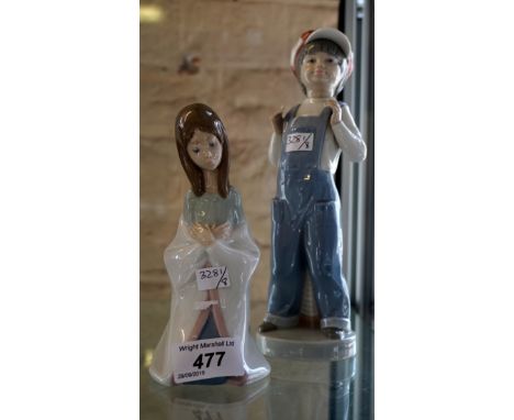 Two Lladro figures of a girl kneeling and a boy wearing work overalls (2). CONDITION REPORT: Lot 439: Boy with finger chipped