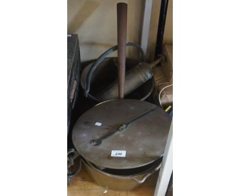 A mixed lot of assorted metalware to include a set of Salter balance scales, two jam pans, extinguisher etc.