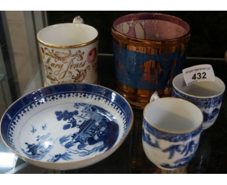 A group of 18th Century or later ceramics to include two blue and white cups, with similar saucer decorated with oriental sce
