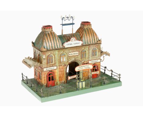 Märklin Central Bahnhof 2012, uralt, HL, mit Fahrkartensperre, 2 Seitendächern und Zaun, für Kerzenbeleuchtung, mit Glasschei