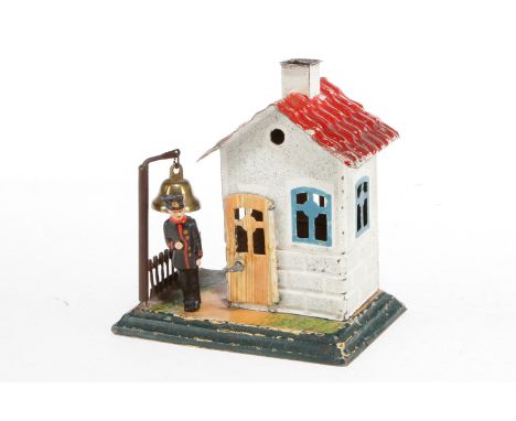 Märklin Wärterhaus 2141 R, uralt, Rauputz, HL, Steckglocke und Wärter ersetzt, Zaunstück verlötet und ausgeb., L 10,5, Z 3