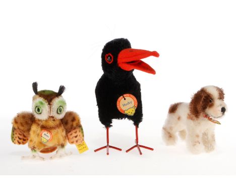3 Steiff Tiere, mit Knopf und Fahne, Alterungs- und Gebrauchsspuren, Rabenhöhe 17,5, sonst noch Z 2-3