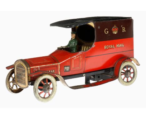 Brimtoy Post-LKW Royal Mail, uralt, CL, mit Fahrerfigur, Uhrwerk intakt, mit Bremse, Dach tw LS, Tür am Heck ergänzt, tw Alte