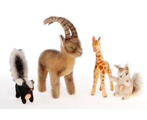 4 Steiff Tiere, mit Knopf, ohne Fahnen, Alterungs- und Gebrauchsspuren, Giraffenhöhe 16,5, sonst noch Z 2-3