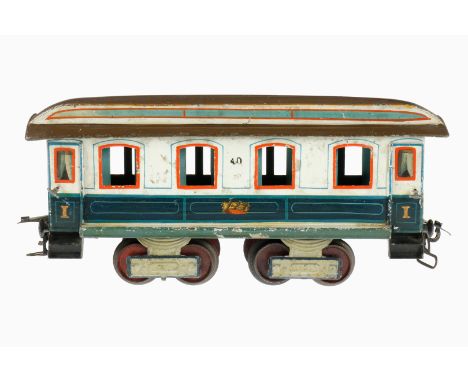 Märklin Kaiser-/Personenwagen 1841 K, S 1, uralt, blau/weiß HL, 4 AT, 4A-Gussräder, Kronenwappen, mit Inneneinrichtung, Oberl