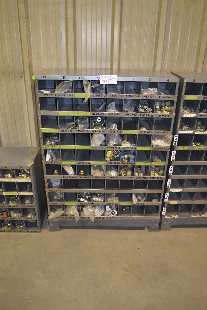 72 hole storage bin with assortment of hydraulic fittings