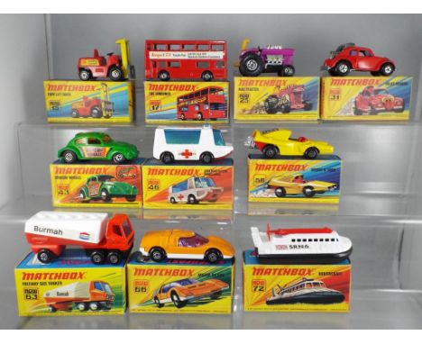 Matchbox - ten diecast vehicles from the 1970's to include #25 MOD tractor, #43 Dragon Wheels (axles appear to be bent), #58 