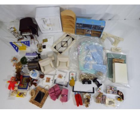 Doll's House Furniture - in excess of 50 pieces of doll's house furniture and accessories to include curtains, classic bathro