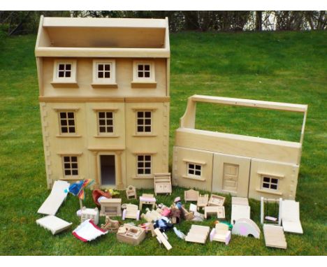 Dolls Houses - two wooden dolls houses with a quantity of furniture, one is four storey with attic room approximately 86 cm x