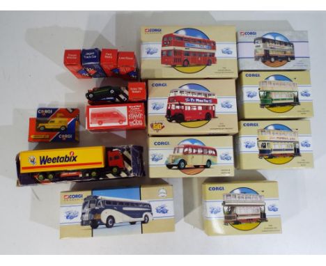 Corgi - a collection of seventeen Corgi diecast 1:43 and 1:64 scale vehicles 97109 Bedford OB Whittakers, 97310 Guy Arab Sout