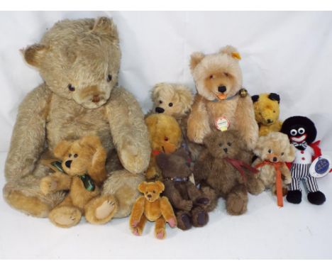 Bears - ten bears and a golly to include a Steiff mohair bear with yellow button tag in ear, bell on collar and jointed limbs