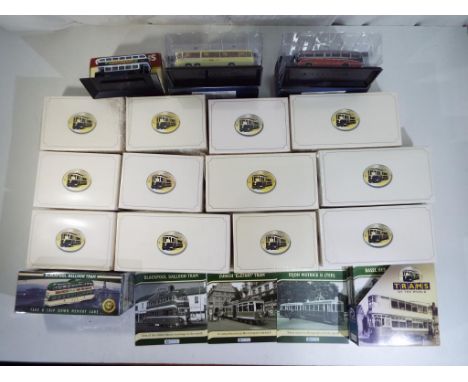 Atlas Editions - a collection of 16 model trams and buses together with Trams of the World catalogues, models appear m in vg 
