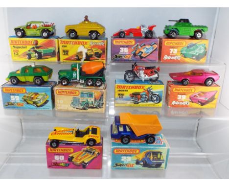 Matchbox - ten diecast vehicles from the 1970's and 1980's to include #18 Hondarora, #19 Peterbilt Cement Truck, #39 Clipper,