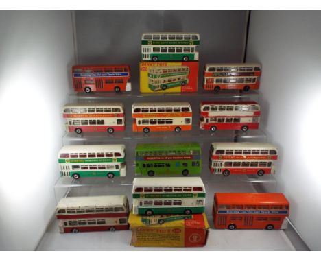 Dinky - twelve diecast Dinky Leyland Atlantean Buses predominantly unboxed in playworn condition, also including in the lot #