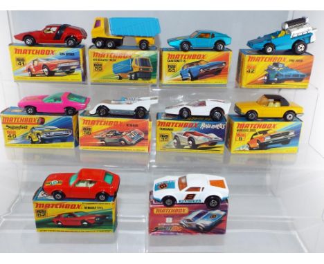 Matchbox - ten diecast vehicles from the 1970's to include #8 De Tomaso Pantera, #35 Fandango, #42 Tire Fryer, #41 Siva Spide