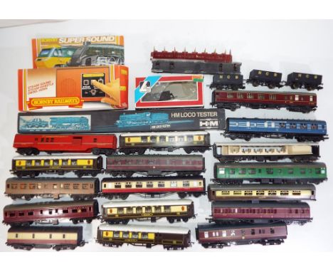 Model Railways - a mixed lot to include seventeen coaches and four wagons by Hornby and Tri-ang, an H &amp; M loco tester and