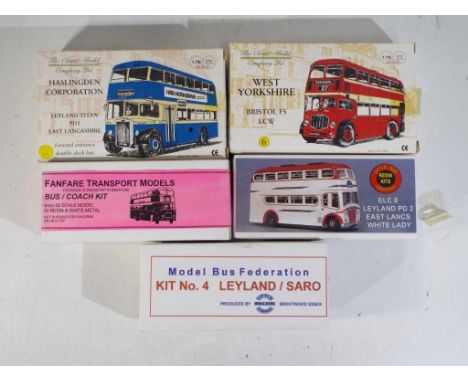 Model Buses - five resin and white metal kits 1:76 scale (unchecked for completeness) to include Fanfare Models No. 39 Leylan