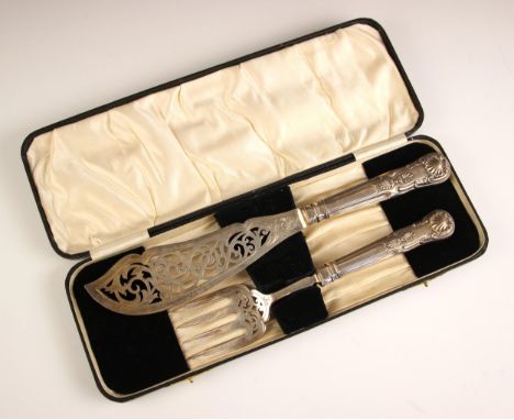 A cased Victorian silver Kings Pattern fish service, Martin, Hall and Co, Sheffield 1862, comprising knife and fork with open