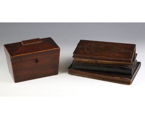 An Edwardian walnut box modelled as a stack of antiquarian bindings, the detachable top volume revealing a vacant lined inter